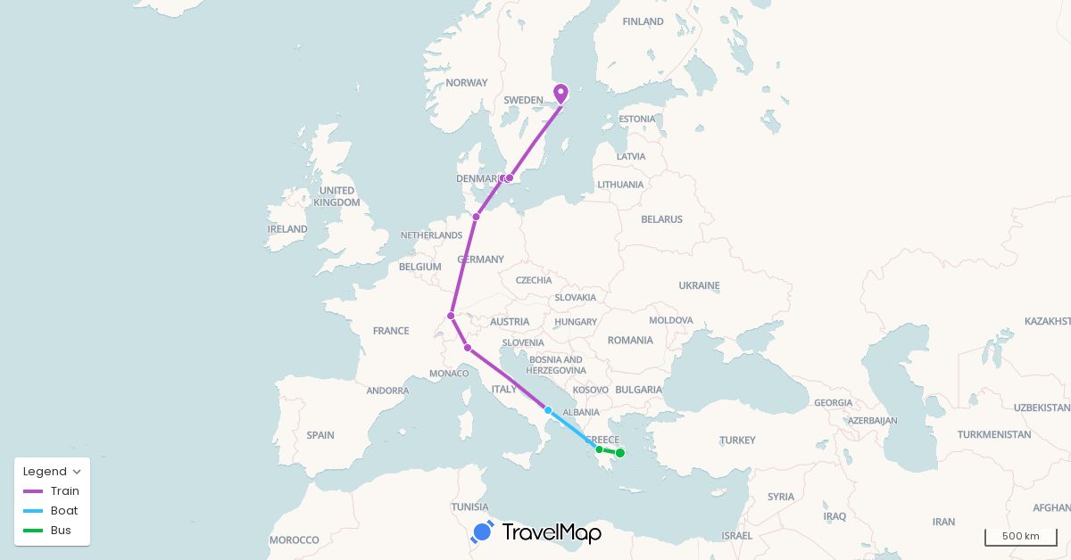 TravelMap itinerary: driving, bus, train, boat in Switzerland, Germany, Denmark, Greece, Italy, Sweden (Europe)